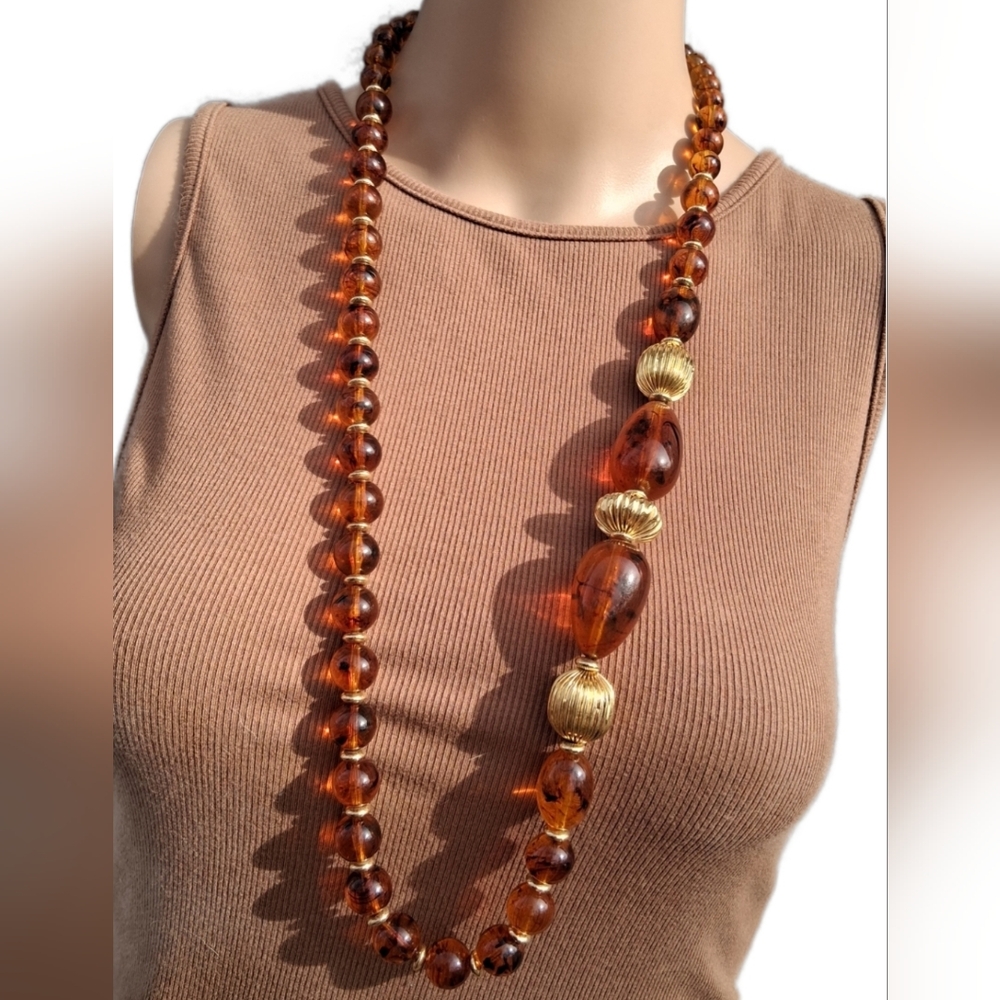 Vintage Faux Amber Resin Bead Necklace • Chunky Tortoise Statement Jewelry